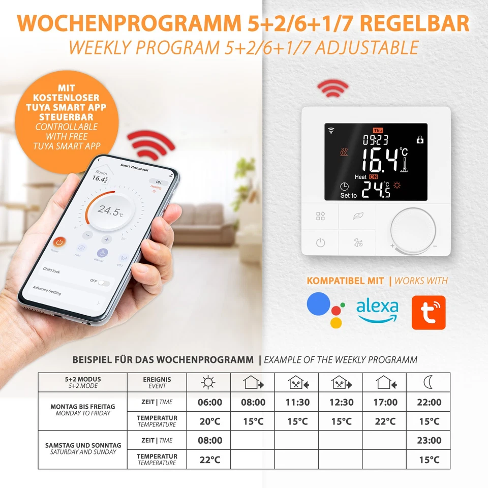 WiFi Thermostat Raumregler für elektrische Heizgeräte Fußbodenheizung Klimagerät - Bild 3 von 4