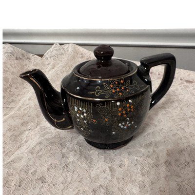 Vintage Black Amaco Moriage Teapot Hand Painted Japan Ceramic Gilt