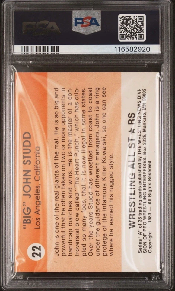 1983 WRESTLING ALL-STARS #22 "BIG" JOHN STUDD RC HOF PSA 6 WWE WWF WCW ROOKIE - Image 2 of 2