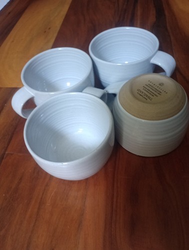 S/4 Pottery Barn Quinn Coffee Cups White Two-Tone Rustic Stoneware Mugs ~3hx4w