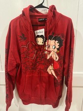Betty Boop Red Women's Zipper Hooded Sweater- Sassy With Rhinestones