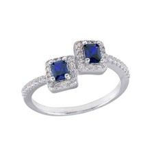 Rhodium Plated 925 Sterling Silver Double Square Blue CZ Ring Band Sizes 5-9