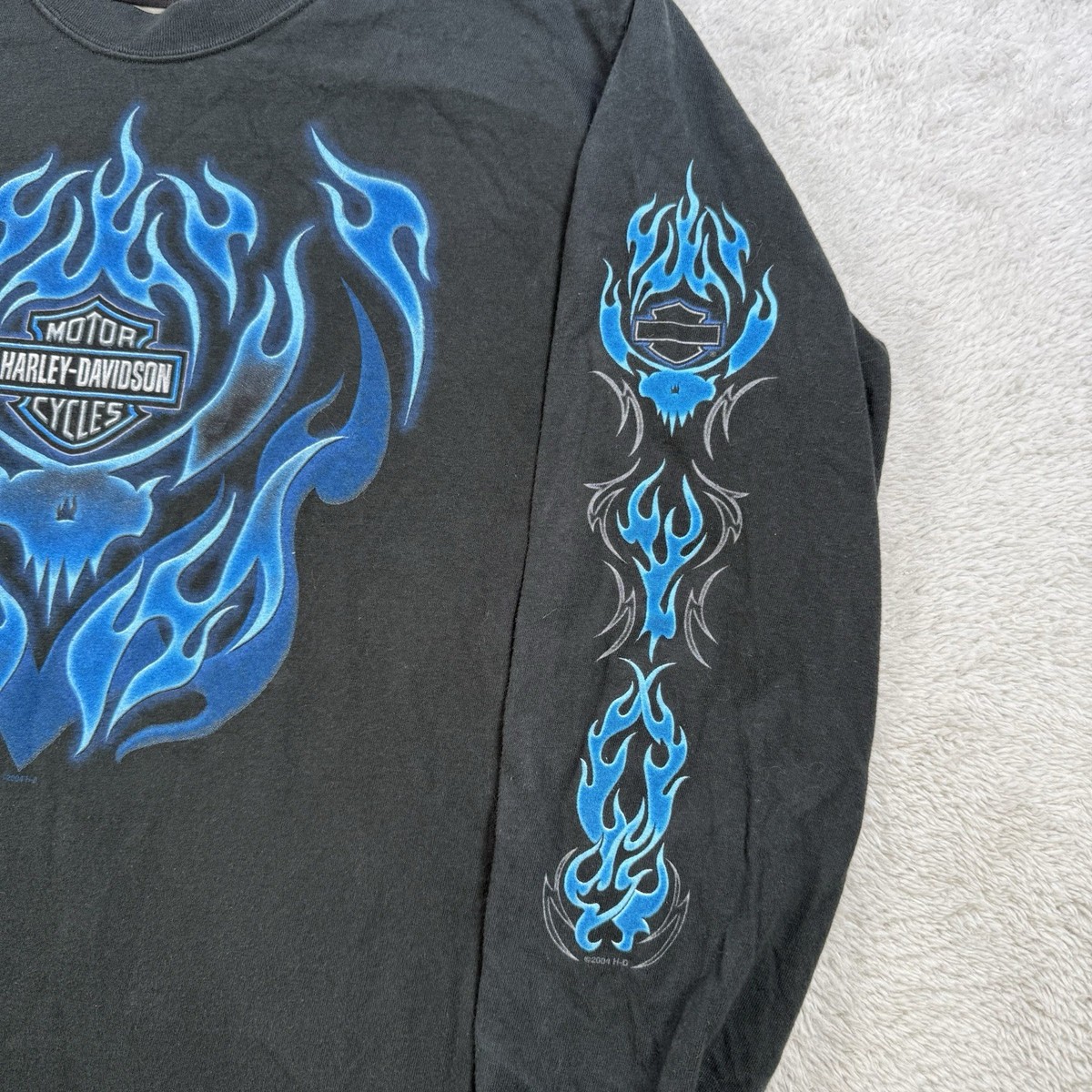 VTG Harley Davidson Shirt Mens Medium Black Blue Flame Y2K
