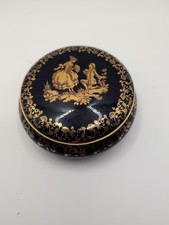Limoges Castel Porcelain Trinket Box Cobalt Blue 22K Gold Decoration Round