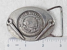VTG Iron Workers Union Belt Buckle Pewter R&J Co Fort Wayne IN Tradesman Tool
