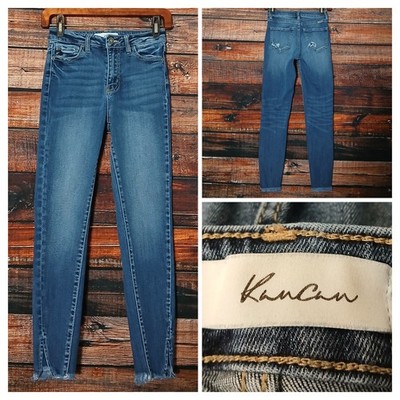 Kancan Jeans 1 24 Skinny Slit Ankle High Rise Frayed Raw Hem Blue Denim Stretch
