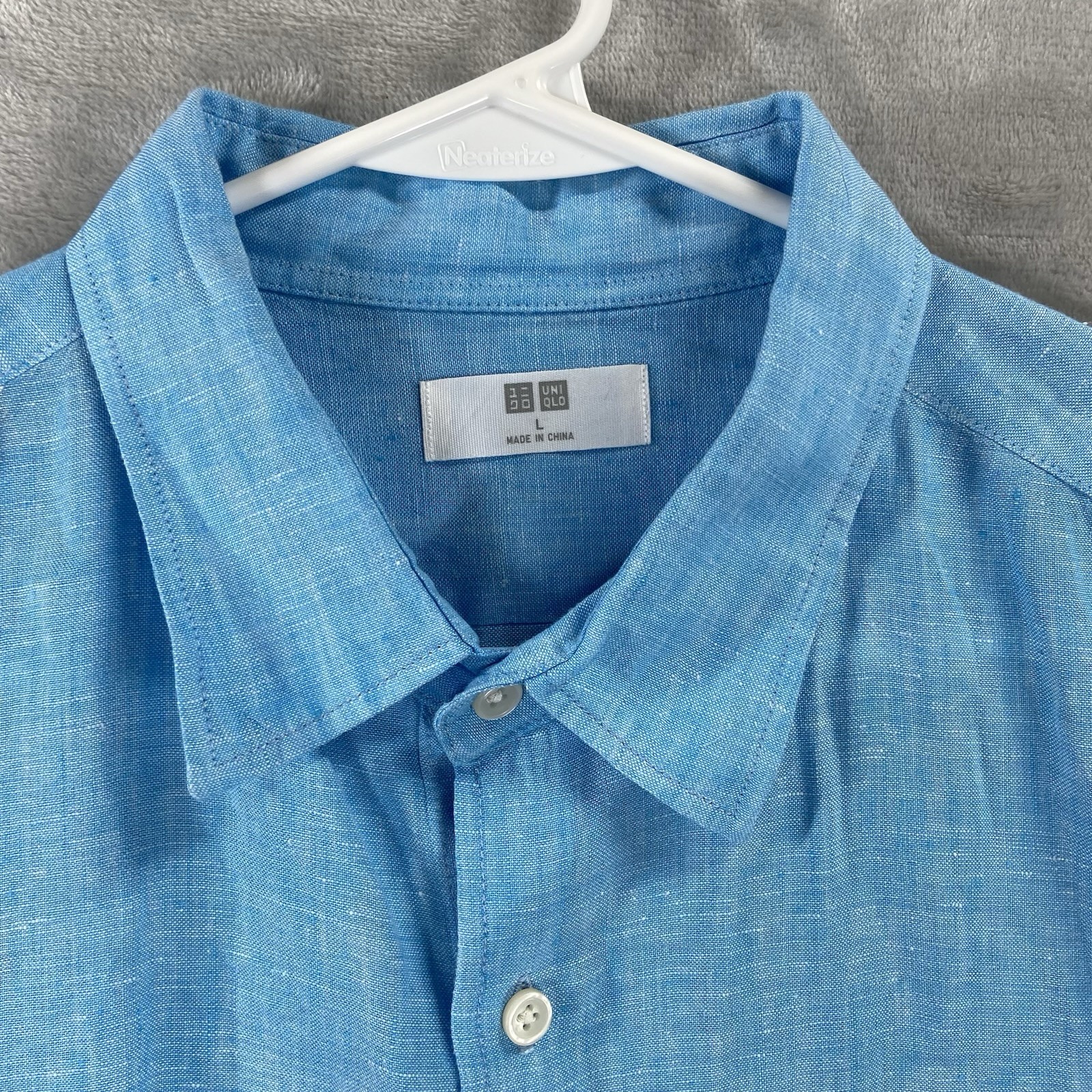 Uniqlo Shirt men's Large Button Up 100% Linen Blue Long Sleeve Casual Pocket thumbnail 4