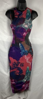 Mistress Rocks Size XS Glory Graphic Print  Cut Out Stretch Mesh Midi Dress