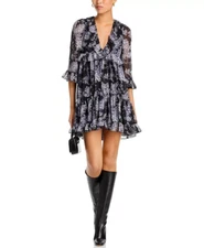 NWT - CINQ À SEPT 'Emori' Floral-Print Ruffle-Trim Mini-Dress, Black Multi - 6