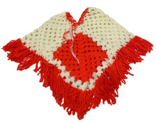 Vintage Handmade Girls Crocheted Cape Red and White Tie at Neck 20 x 18 in