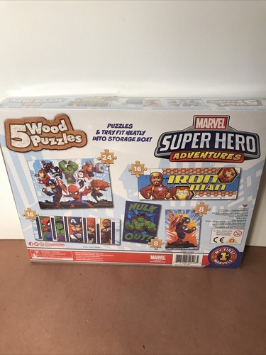 Marvel Super Hero Adventures 5 Wood Kid Puzzles & Storage Spider-man Hulk Etc - Picture 2 of 4