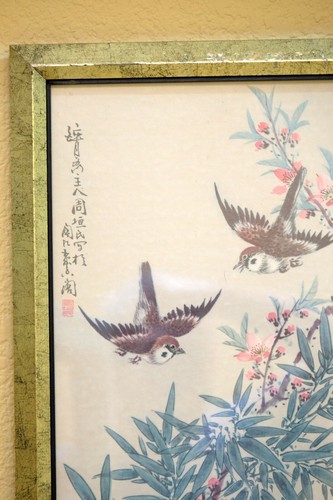 Vintage chinesische 2 große gerahmte Wandbehang Drucke Blumen/Vögel 13 3/4" x 38" - Bild 5 von 11