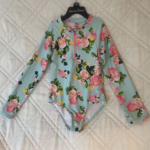 Betsey Johnson Girls RashGuard Long Sleeve Floral Swimsuit One Piece Teal Pink 6