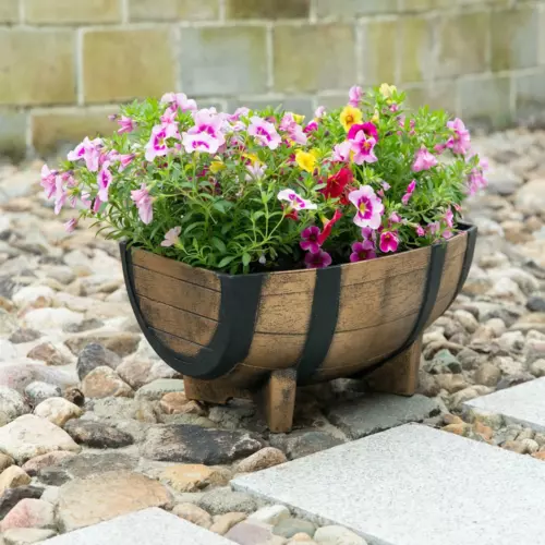 2pack garden half barrel flower planter pot wooden oak effect outdoor decoration image 5