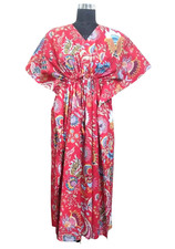 Indian Cotton Red Floral Printed Kaftan Dress Women's Clothing Kaftan Dress US