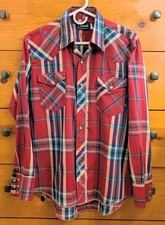 Vintage 80s Wrangler Western Snap Shirt Red Plaid Mens M USA Made Loose Button 