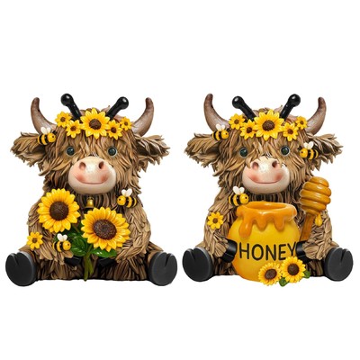 2 Pack Bee Highland Cow Resin Figurine Summer Bee Bathroom Highland Cow Gnome...