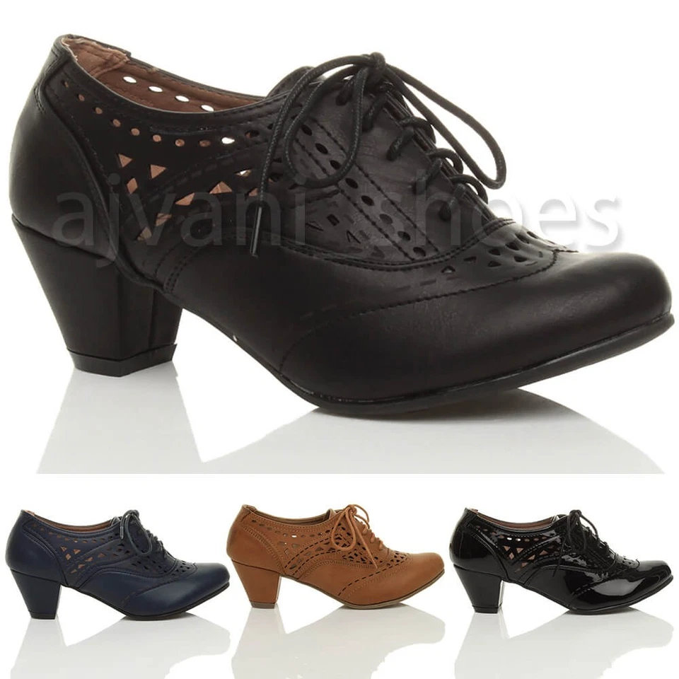 AJVANI WOMENS LADIES MID BLOCK HEEL CUT OUT LACE UP BROGUE SHOE BOOTS BOOTIES SIZE