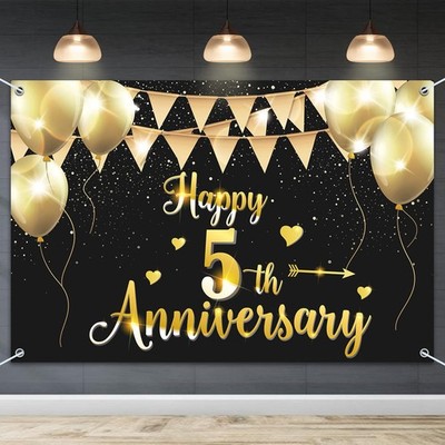 HAMIGAR 6x4ft Happy 5th Anniversary Banner Backdrop - 5 Wedding Gold