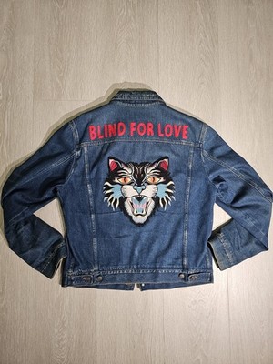 Authentic Gucci Blind For Love Denim Jacket Angry Cat Embroidered Size 54