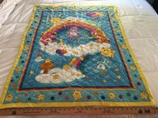 Vintage Care Bears Quilt Baby Crib Blanket Lace Ruffle Trim Rainbows Stars 42x36