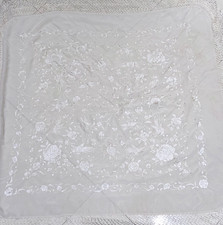 Shawl Piano Manton de Manila Birds Floral Cream Silk Embroidered 44"