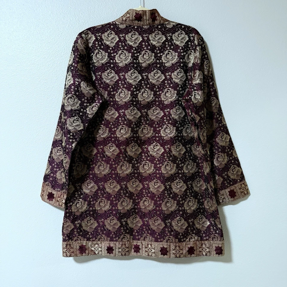 Chaqueta Blazer Jeevan Life Wear Seda Brocado Talla XL Frente Abierto Borgoña Dorado Foto 2 de 4