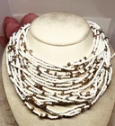 VTG ITALIAN WHITE MILK GLASS SEED BEAD MULTI-STRAND NECKLACE W/BRASS NUGGETS