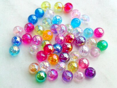 50x Acrylperlen Rund 8mm Spacer Transparent Bunt irisierend Schmuck Basteln