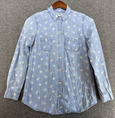 Old Navy Shirt Chambray Denim Floral Long Sleeve Button Up