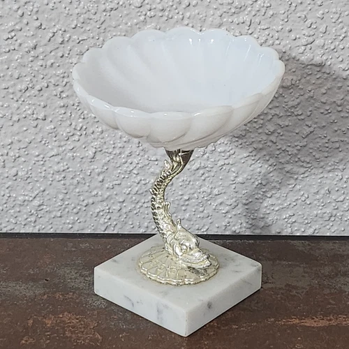 Vintage Silver Dolphin Stemmed Compote Soap Dish Milk Glass Italian Marble Base