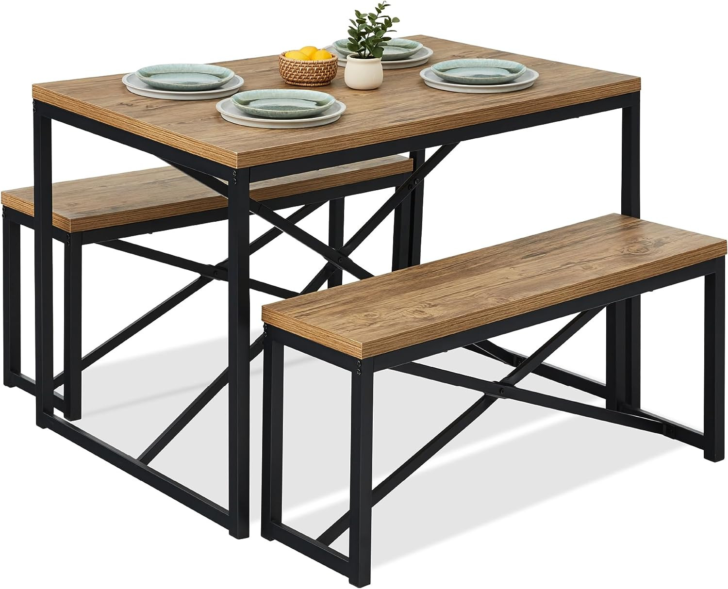 45.5In 3-Piece Bench Style Dining Furniture Set, 4-Person Space-Saving Dinette f