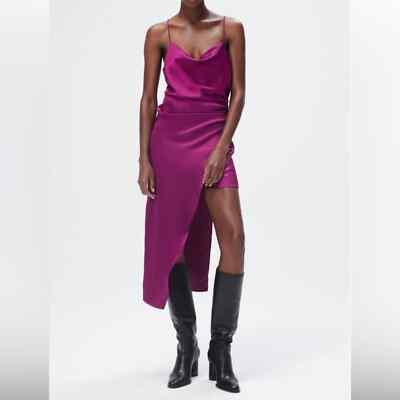 Zara Asymmetrical Midi Ruched Cowl Neck Slip Dress Size XS | eBay