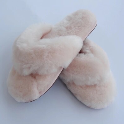 CO-SY Pink Ladies Genuine Wool Sheepskin Indoor Open Toe Hard Sole Slippers  UK