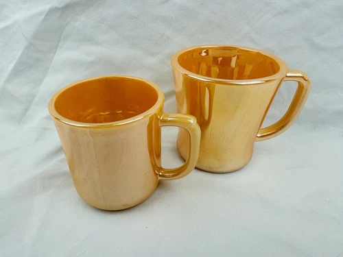 2 Vintage Fire King Oven Ware Coffee Mugs Orange D Handle 1950's/60's Made In US