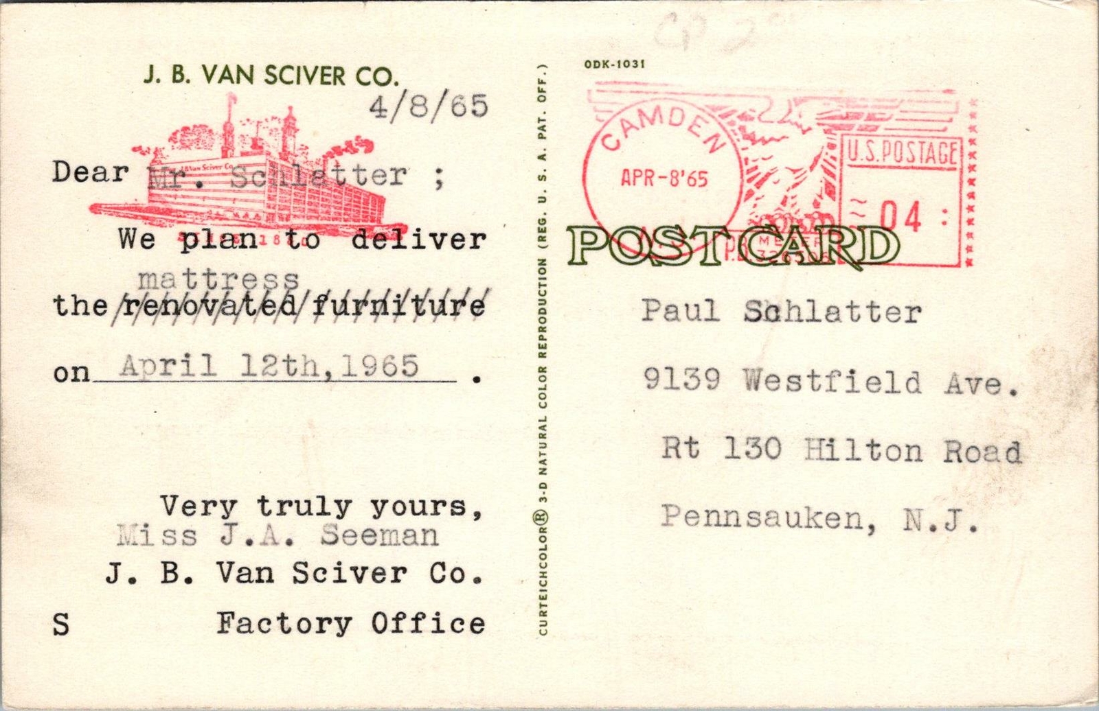 Advertising Postcard Furniture Factory JB Van Sciver co PA 1965 thumbnail 2