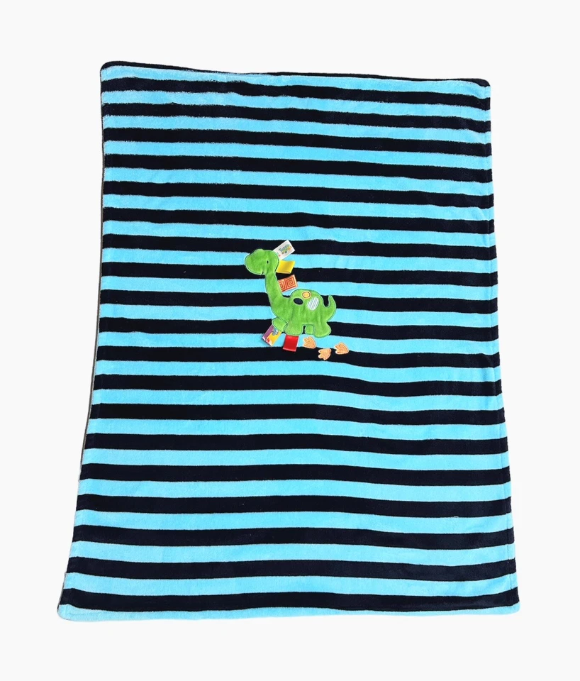 TAGGIES Plush Baby Toddler Blanket Blue Navy Striped Embroidered Dinosaur 29x38” - Image 2 of 4