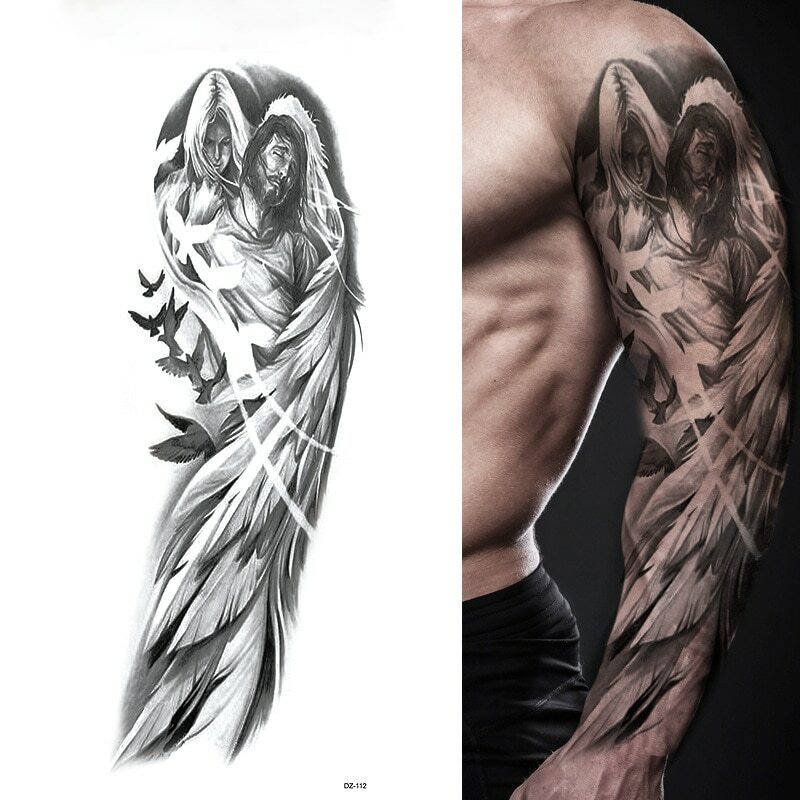 Large Arm Sleeve Tattoo Angel Wings Pigeon Jesus Waterproof Temporary Sticker