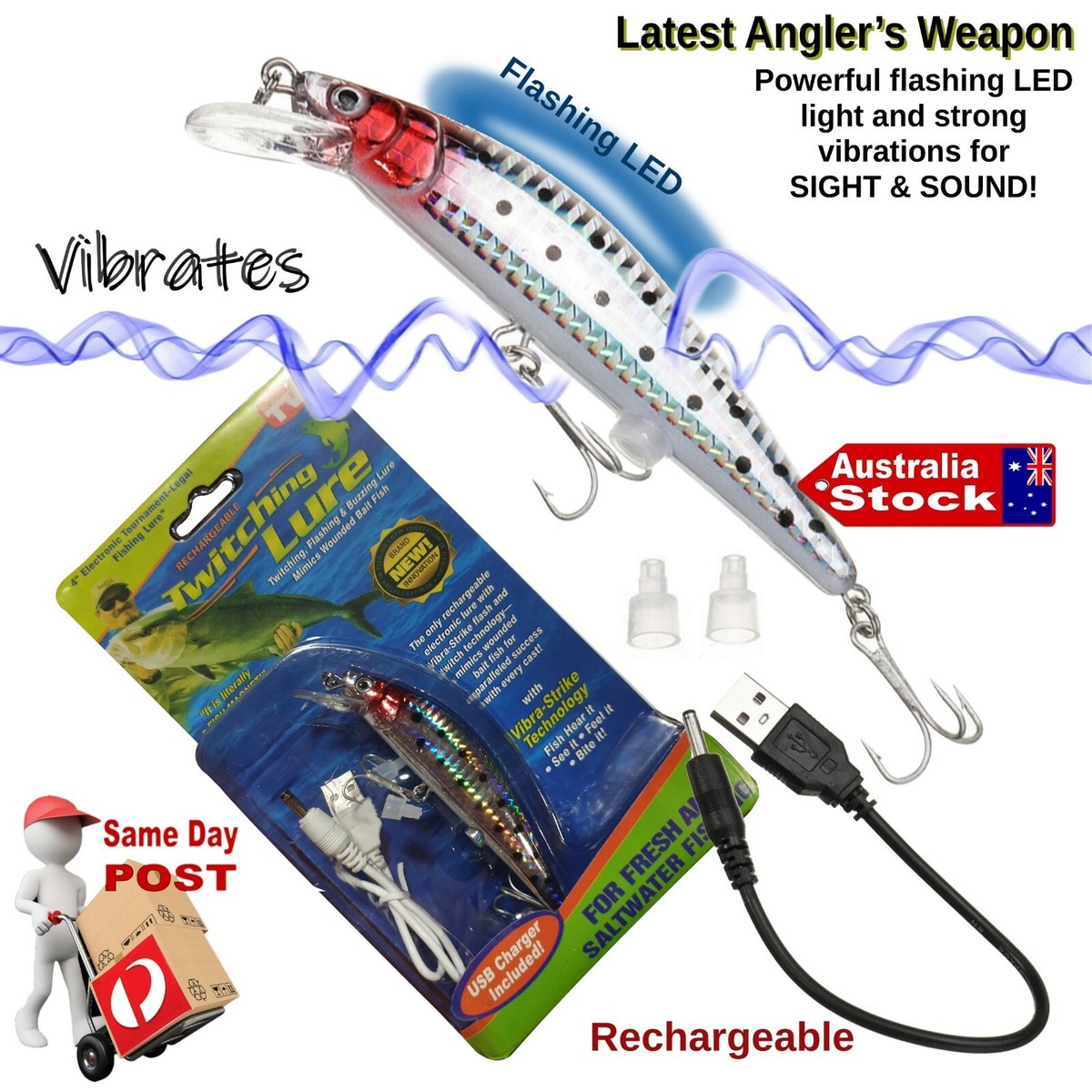 RECHARGEABLE FISHING LURE TACKLE FISH FLASHING LED VIBRATES MINNOW  PILCHARD