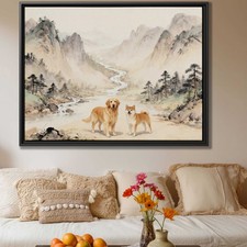 Japanese Painting Golden Retriever Canvas Print Dog Wall Art Living Room Decor