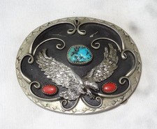 OVAL TURQUOISE AND CORAL BELT BUCKLE