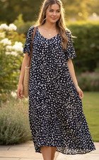 Bellini Bay Dress Midi Size M-L 100% Rayon Black & White Dots Casual Party Trave