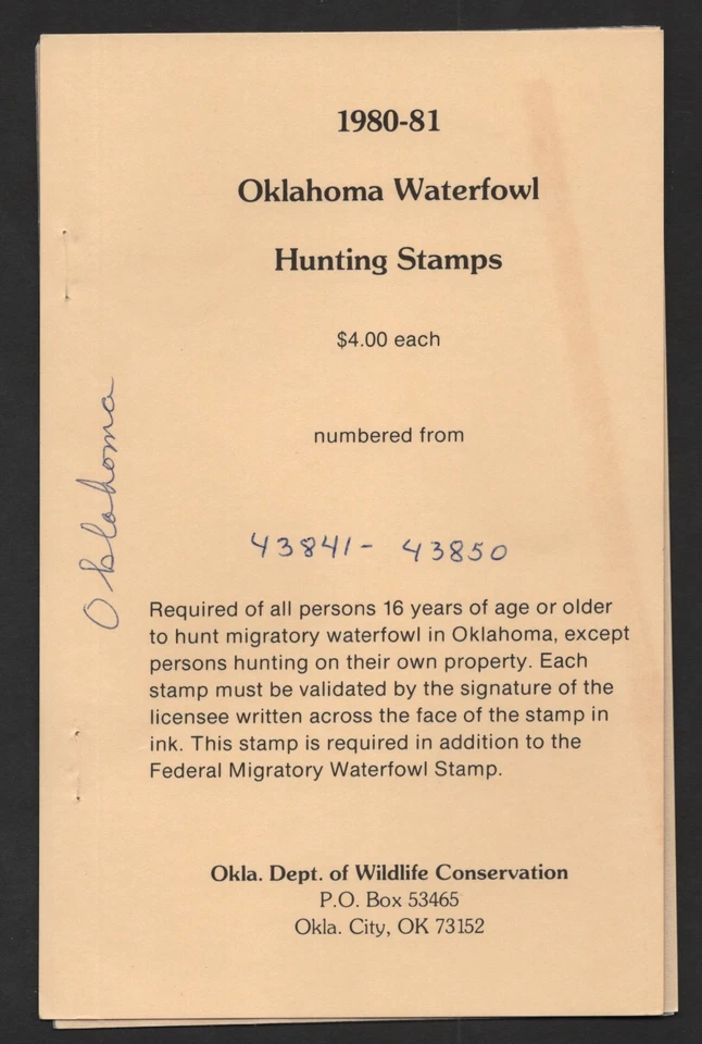 US 1981 OKLAHOMA FIRST DUCK HUNTING STAMP PINTAILS SCOTT #1 IN FULL SHEET OF 10 - Image 3 of 3