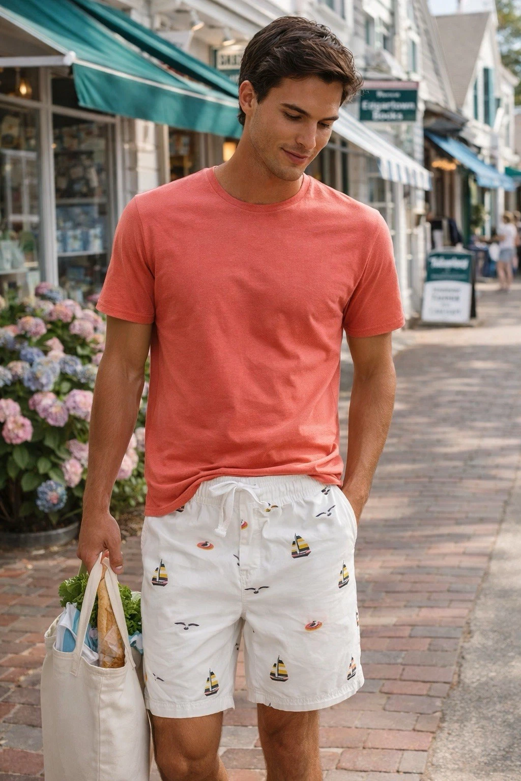 Free Planet Mens Shorts Nautical Boats White Cotton Beach Large Preppy Summer