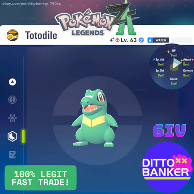 Pokemon Legends ZA SHINY ALPHA TOTODILE Lv63 Adamant/6IV/EV MAX/ Gold Bot Cap