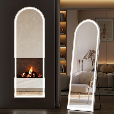 Arched LED Full Length Mirror with Stand - 3 Color Lighting & Dimming