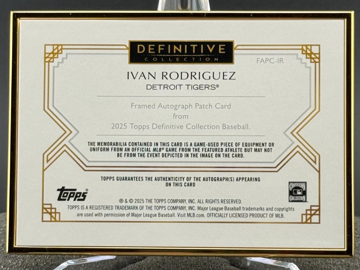 2025 Topps Definitive Gold Frame Autograph Patch IVAN RODRIGUEZ AUTO #5/5  #FAPC view 9