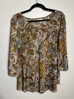 Stem & Vine Size1X BrownPaisley Bell Sleeve Blouse White Lace Trim VNeck Stretch