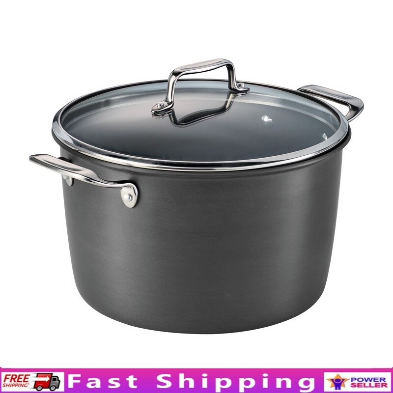 Nonstick 8Qt Hard Anodized Aluminum Stock Pot with Glass Lid for Durable Cooking