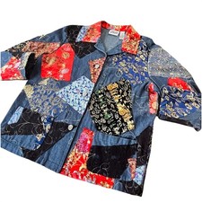 Chicos Design Denim Patchwork Jacket Brocade Floral Lace Art to Wear Blue Size 1